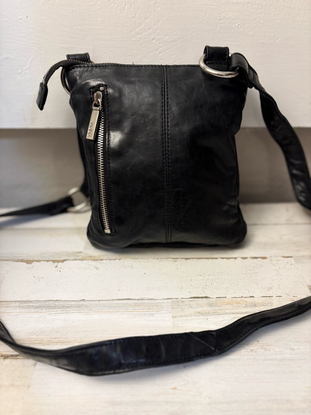 HOBO Black Leather Crossbody Bag with Silver Hardware